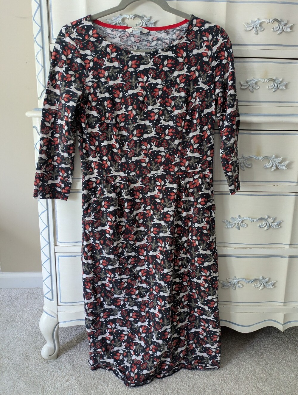 Boden Black Floral and Bunny Print Dress with Red Trim